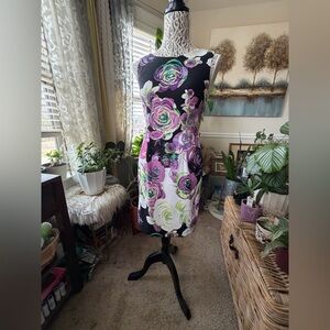 EUC Connected Apparel Women’s Black, Green, & Purple Floral Midi Dress